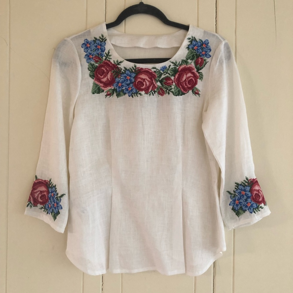 NWOT Handmade Linen Blouse with Floral Cross Stitch